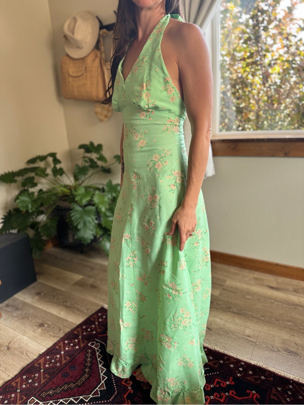 Vintage Handmade Green Floral Halter Maxi Dress